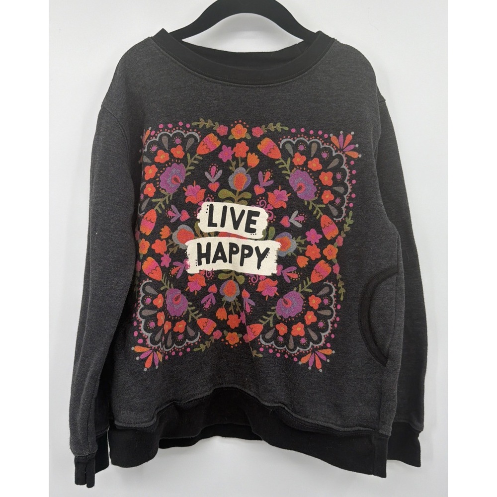 Natural Life Live Happy Comfy Pocket Sweatshirt Floral Graphic Sz 10-12 Nature